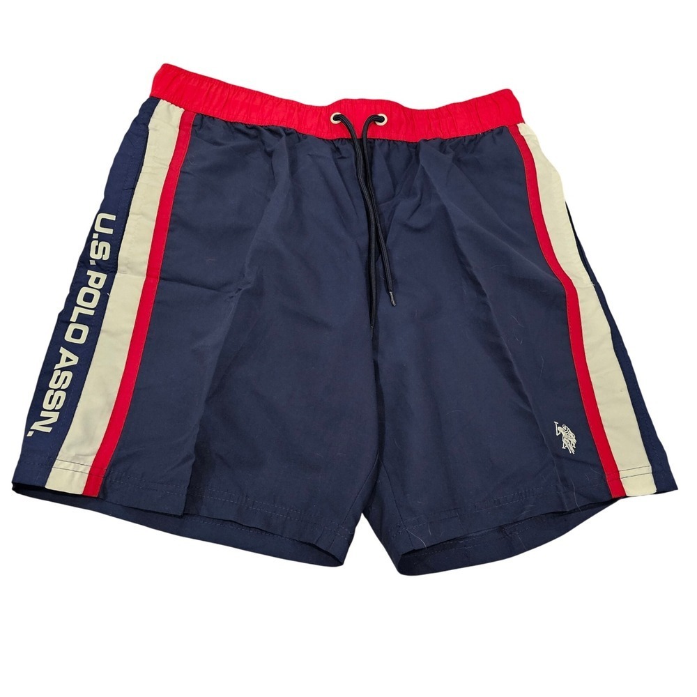 US Polo Assn Mens Swim Trunks Navy Red White Stripe Logo Size M NWT - Picture 2 of 8